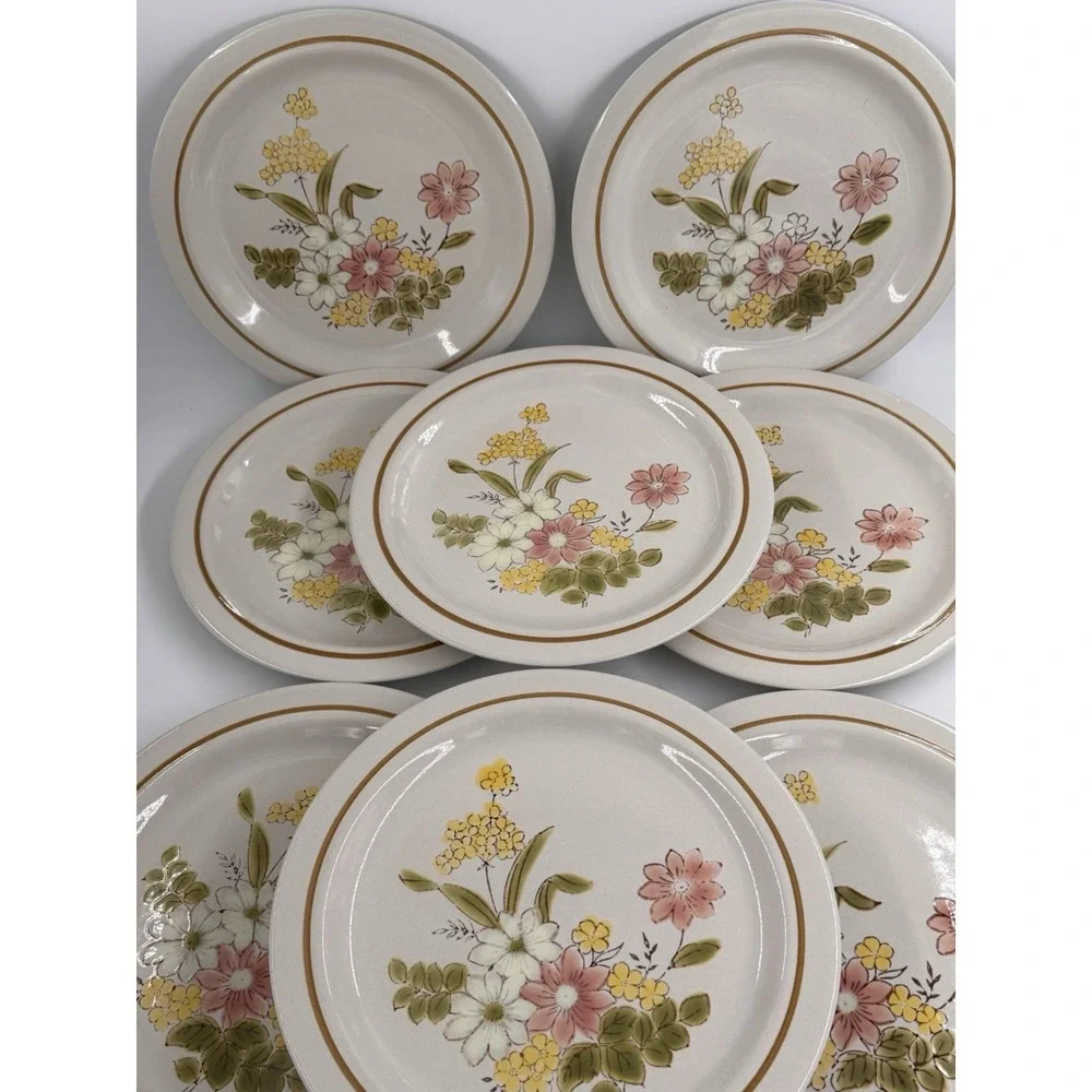 Dinner Plates 8 ct VTG Kingsbury Stoneware Spring Blossom Floral Japan 10.5